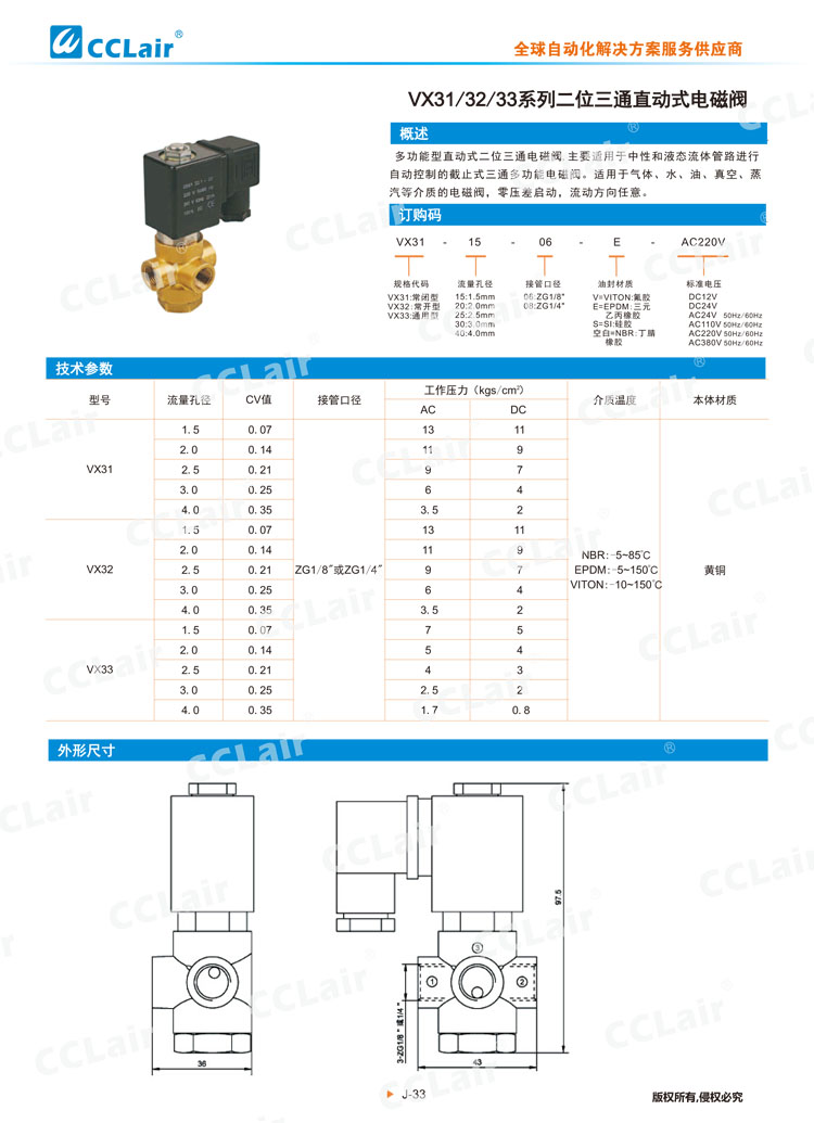VX31、32、33系列二位三通直動式電磁閥